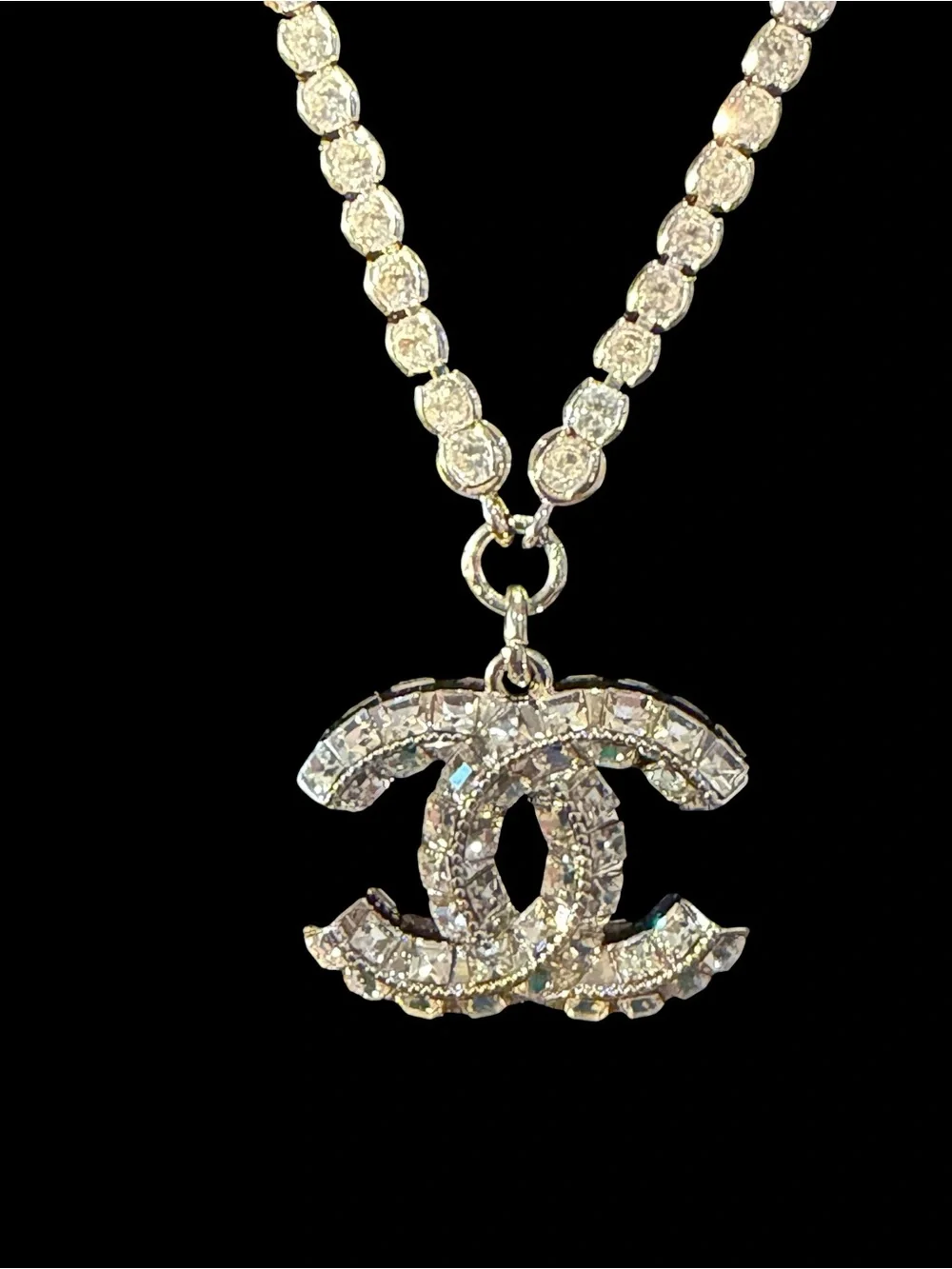 CHANEL Silver Crystal CC Pendant Tennis Chain Necklace